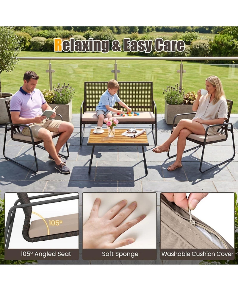 Sugift 8-Piece Patio Rattan Conversation Set with Acacia Wood Table