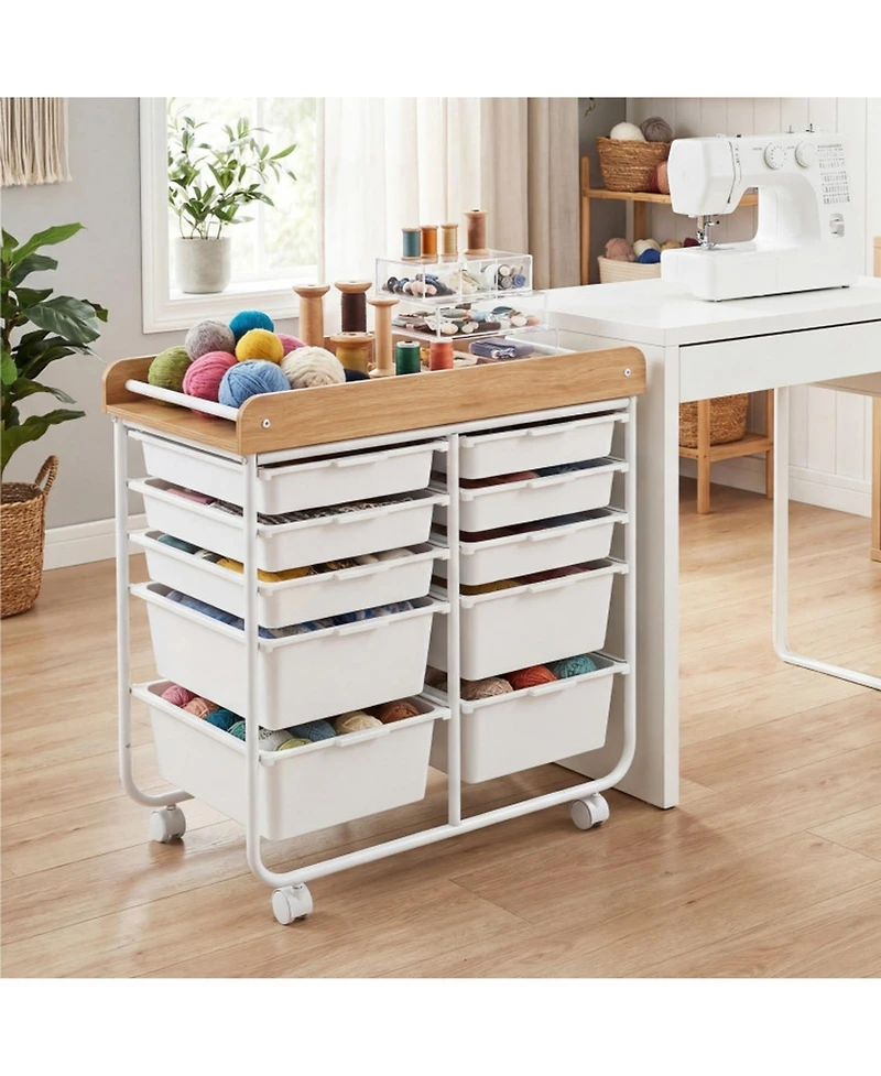 Sugift 10-Drawer Rolling Cart with Wooden Tabletop Side Handles and Lockable Wheels