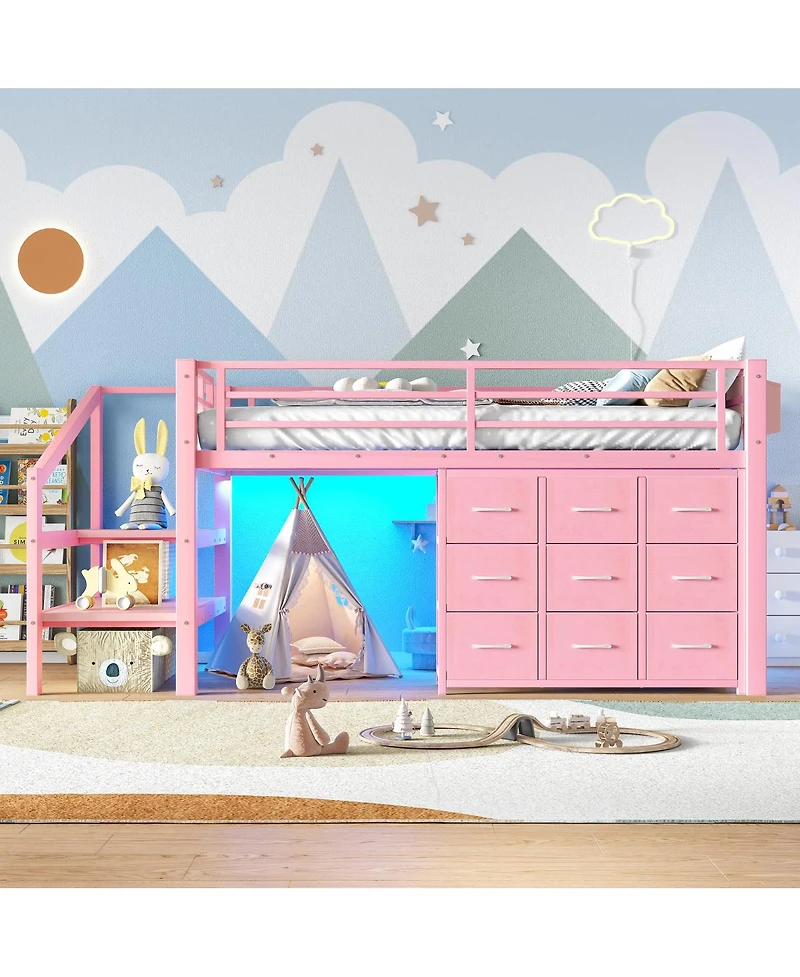 Streamdale Furniture Twin Low Loft Bed with Storage Stairs, Fabric Drawers, Lights