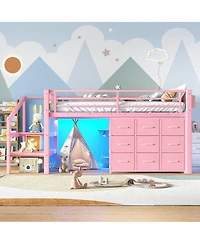 Streamdale Furniture Twin Low Loft Bed with Storage Stairs, Fabric Drawers, Lights