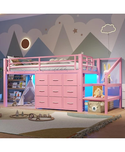 Streamdale Furniture Twin Low Loft Bed with Storage Stairs, Fabric Drawers, Lights