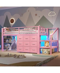 Streamdale Furniture Twin Low Loft Bed with Storage Stairs, Fabric Drawers, Lights