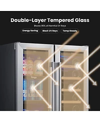 Yeego 24 Inch Dual Zone Wine CooerandBeverage Refrigerator With 2 Doors,Led Lights 60 Cans+20 Bottles 36degree(s)F-72degree(s)F Cooler