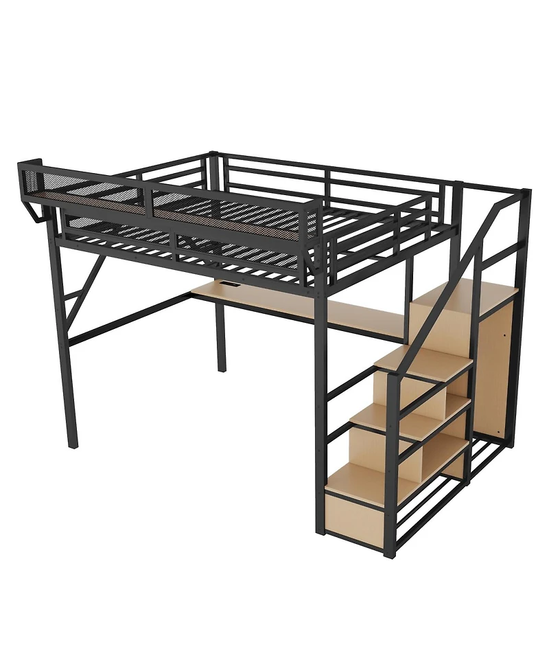 Streamdale Furniture Queen Loft Bed with Desk, Charging Station, Stairs, and Light