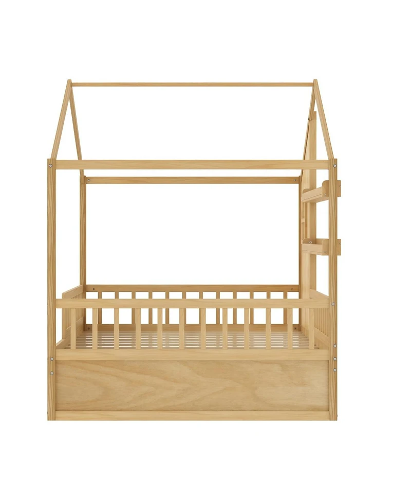 Streamdale Furniture Montessori Kids Full Floor Bed with Roof, Guardrails and 2 Drawers