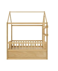 Streamdale Furniture Montessori Kids Full Floor Bed with Roof, Guardrails and 2 Drawers