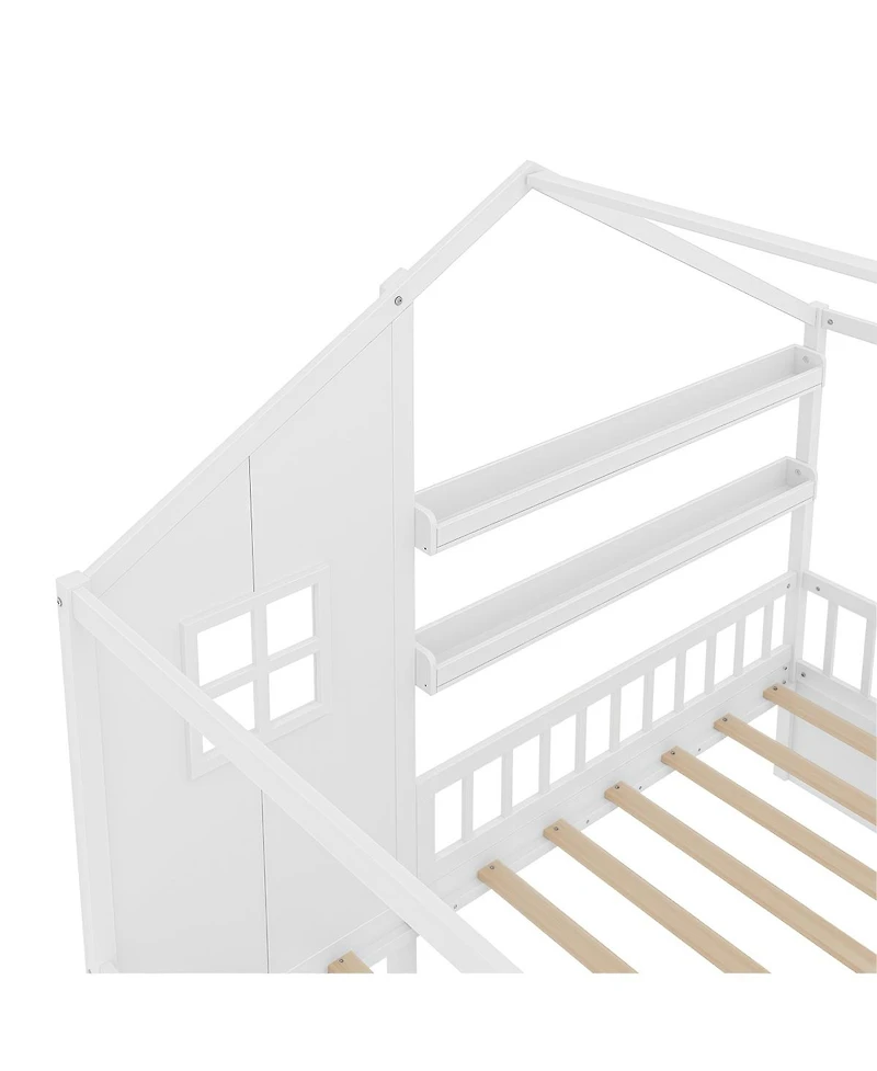 Streamdale Furniture Kids Montessori Floor Bed with Roof, Guardrails and 2 Drawers