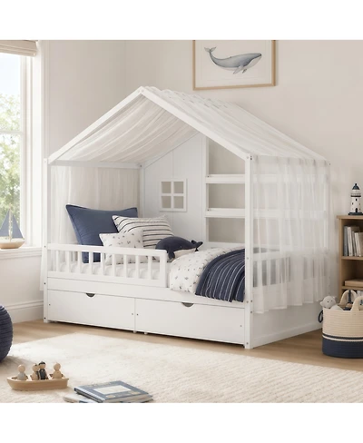 Streamdale Furniture Kids Montessori Floor Bed with Roof, Guardrails and 2 Drawers