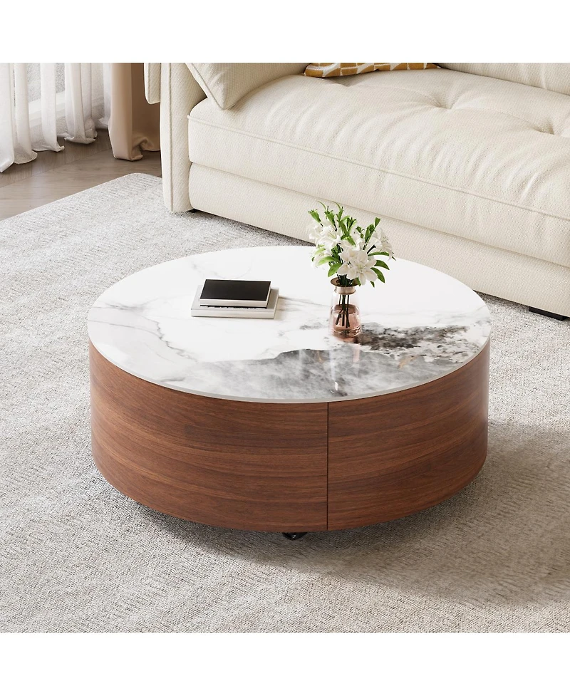 Streamdale Furniture Modern Round Movable Coffee Table with Casters, Walnut, 29.5