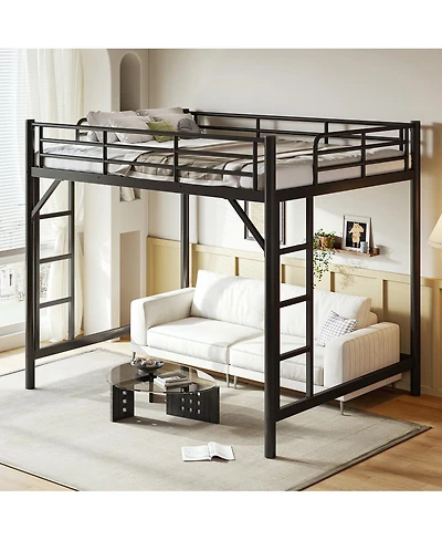 Streamdale Furniture Queen Size Metal Loft Bed with Ladder and Guardrails