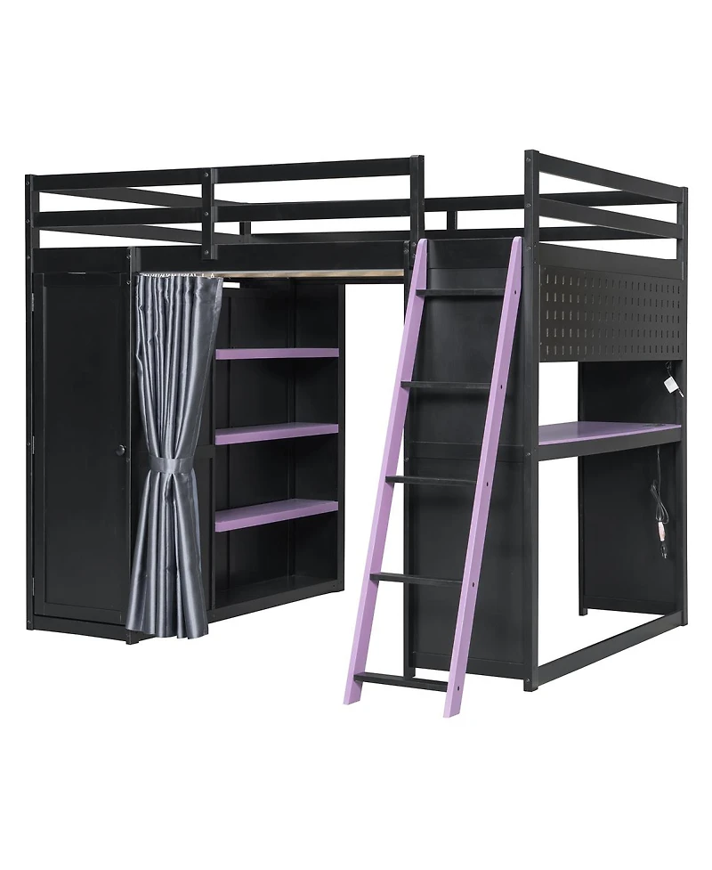 Streamdale Furniture Wood Full Loft Bed with Wardrobe, Shelves, Curtains and Rgb Lights