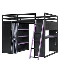 Streamdale Furniture Wood Full Loft Bed with Wardrobe, Shelves, Curtains and Rgb Lights
