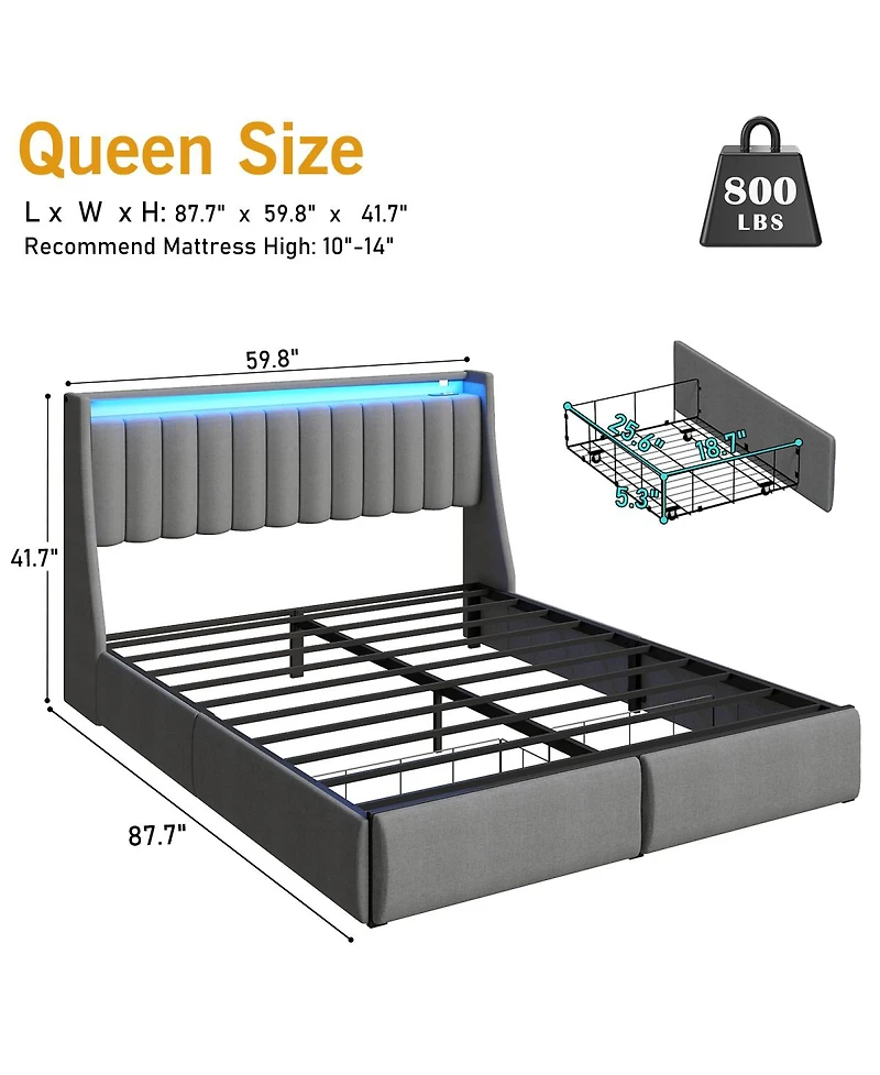 Streamdale Furniture Queen Led Bed Frame with Charging Station and Storage Drawers