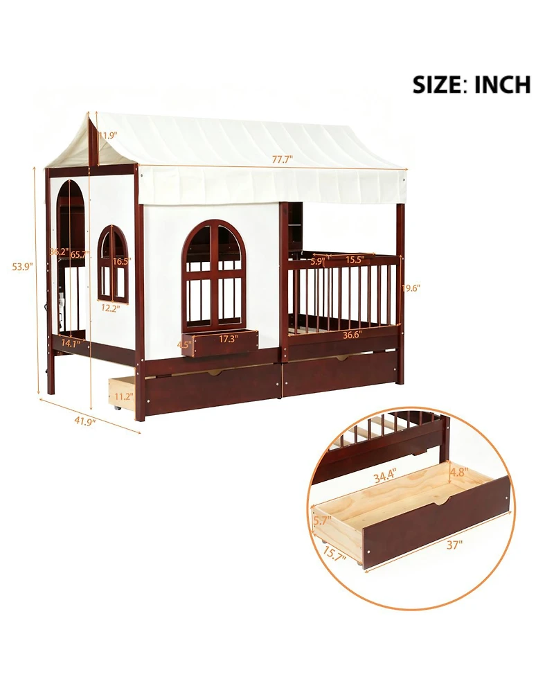 Streamdale Furniture Twin House Bed with Drawers, Led Bookshelf