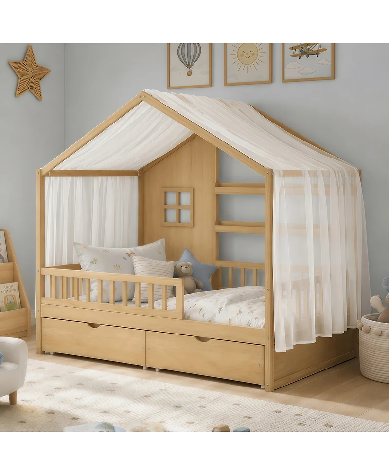 Streamdale Furniture Kids Twin Montessori Floor Bed with Roof, Curtains and Storage Drawers
