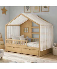 Streamdale Furniture Kids Twin Montessori Floor Bed with Roof, Curtains and Storage Drawers
