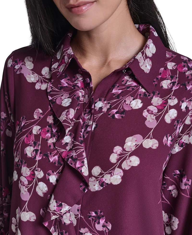 Calvin Klein Women's Floral-Print Ruffled-Front Long-Sleeve Blouse
