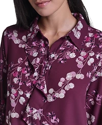 Calvin Klein Women's Floral-Print Ruffled-Front Long-Sleeve Blouse