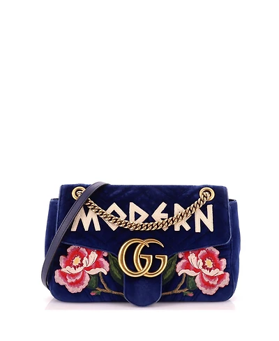Pre-Owned Gucci Medium Gg Marmont Flap Bag Embroidered Matelasse Velvet