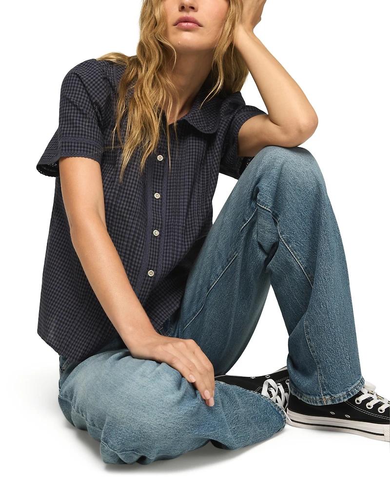 Lucky Brand Women's Gingham Peter Pan Collar Short-Sleeve Blouse