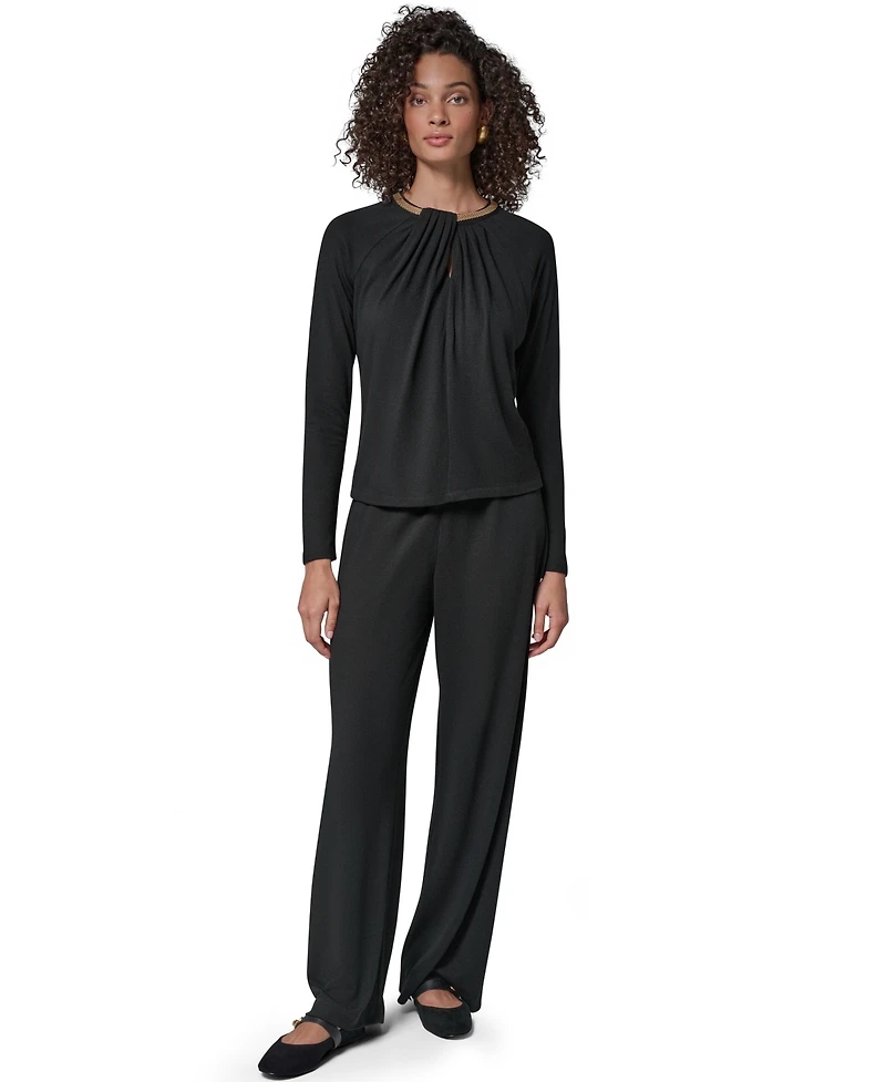 Donna Karan New York Women's Necklace Detail Long-Raglan Sleeves Keyhole Cutout Pullover