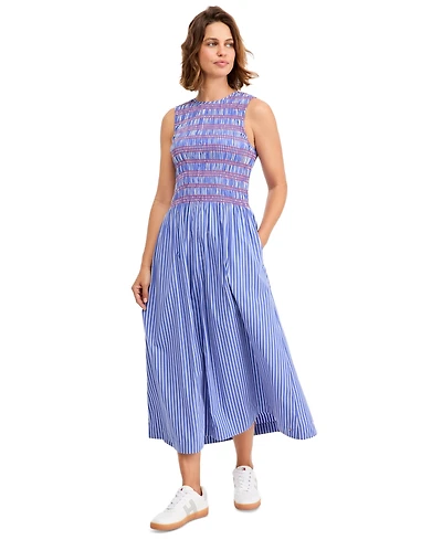 Tommy Hilfiger Women's Cotton Smocked Striped Maxi Dress