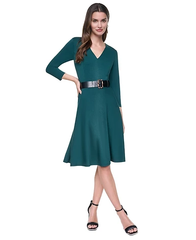 Dkny Petite Long-Sleeve V-Neck Fit & Flare Midi Dress