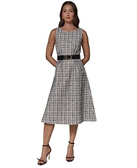 Donna Karan New York Women's Sleeveless Plaid Tweed Belted A-Line Dress