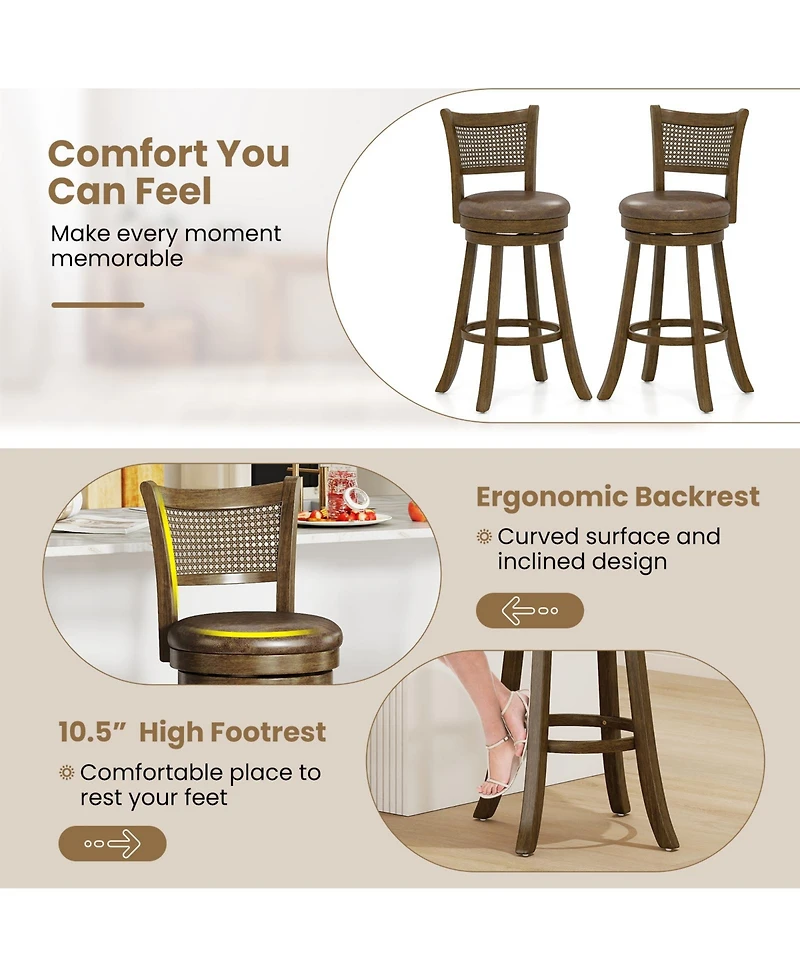 Gymax Set of 2 Bar Stools 30'' Swivel Bar Chairs with Pe Rattan Backrest Bar Height