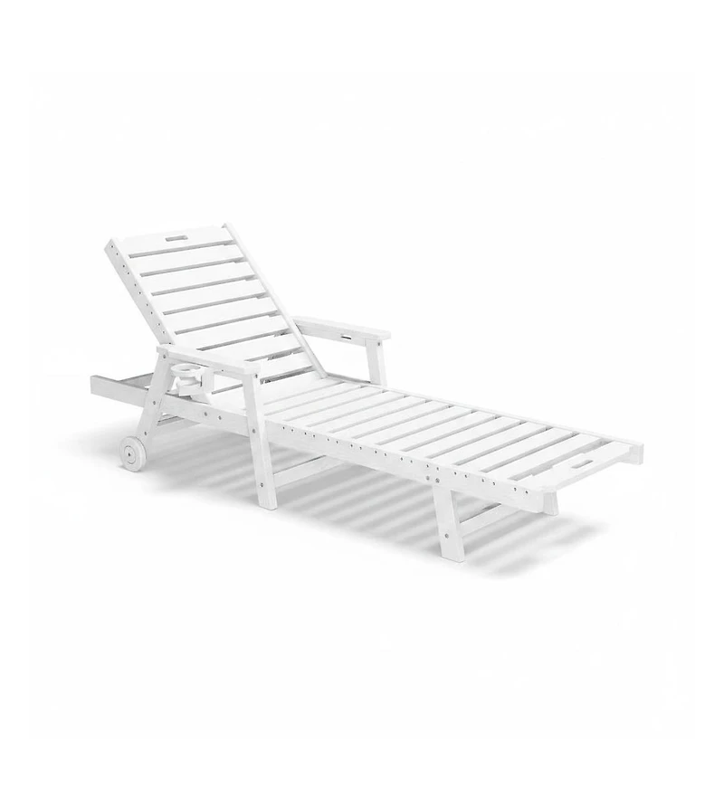 GarveeLife Rolling Patio Lounge Chair, Hdpe Poolside Chaise Lounge with 5 Adjustable Backrest, Wheels and Cup Holder, Sunbathing Recliner