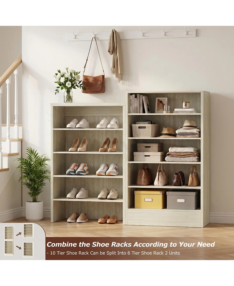 Aheaplus 10-Tiers Tall Shoe Cabinet with Hooks, Entryway Storage Organizer
