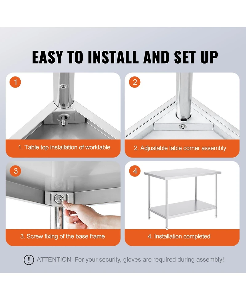 Sugift 30 x 48 Inch Stainless Steel Prep Table with 880 Pound Capacity and 3 Height Levels
