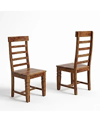Porter Design Set of 2 Solid Sheesham Wood Ladderback Dining Chairs with Hand-Carved Detailing
