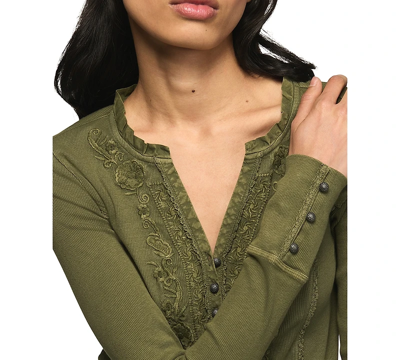 Lucky Brand Women's Embroidered V-Neck Long-Sleeve Henley