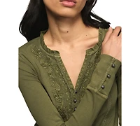 Lucky Brand Women's Embroidered V-Neck Long-Sleeve Henley