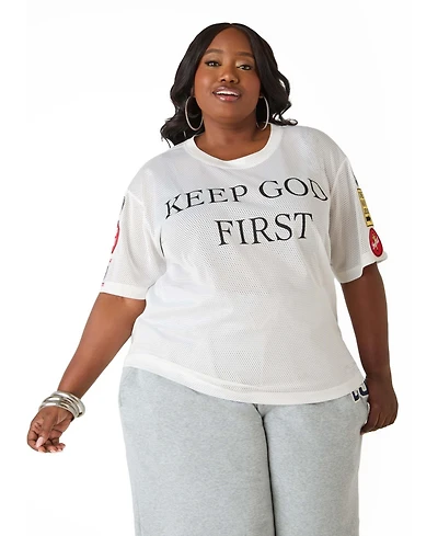 Ashley Stewart Plus God First Patchwork Mesh Jersey