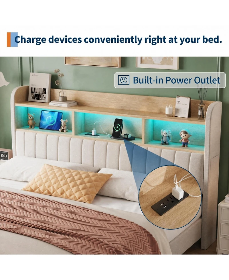 Gaomon Set of 2 Twin Platform Bed Frame with Charging Station and Storage Headboard, Heavy Duty, No Box Spring Needed, Easy Assembly