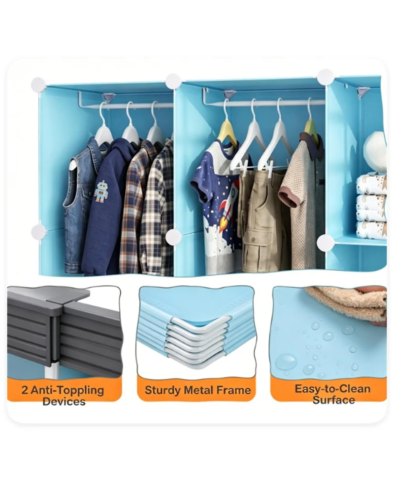 Slickblue 3-Cube Modular Kids Wardrobe with Clothes Rods and Storage Shelves