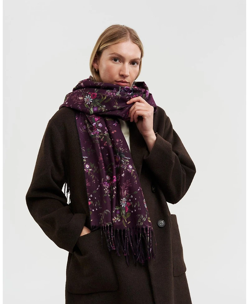 Fable England Women's Eve Floral Long Fringed Scarf in Burgundy