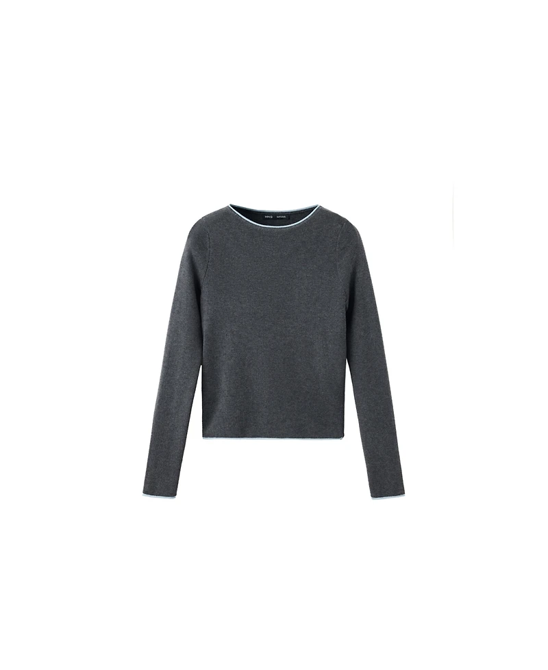 Mango Women's Ribbed-Knit Contrast-Trim Crewneck Long-Sleeve Sweater