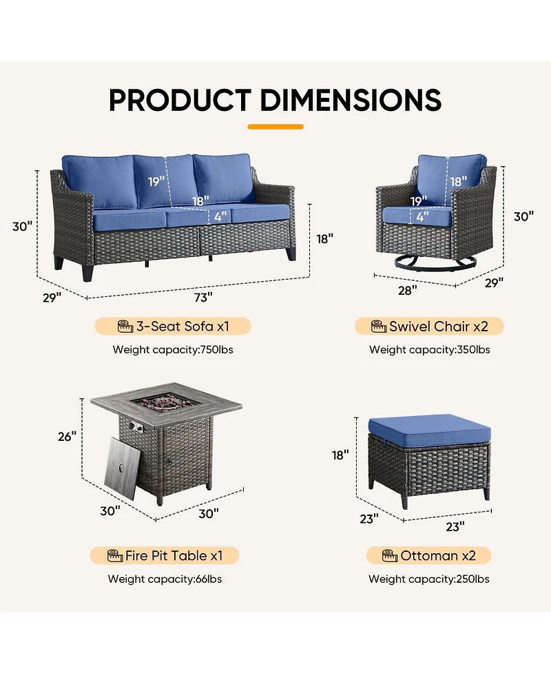 Pocassy 6-Piece Outdoor Furniture Set with Fire Pit Table, Wicker Patio Conversation Set with Cushions and Swivel Glide Chairs