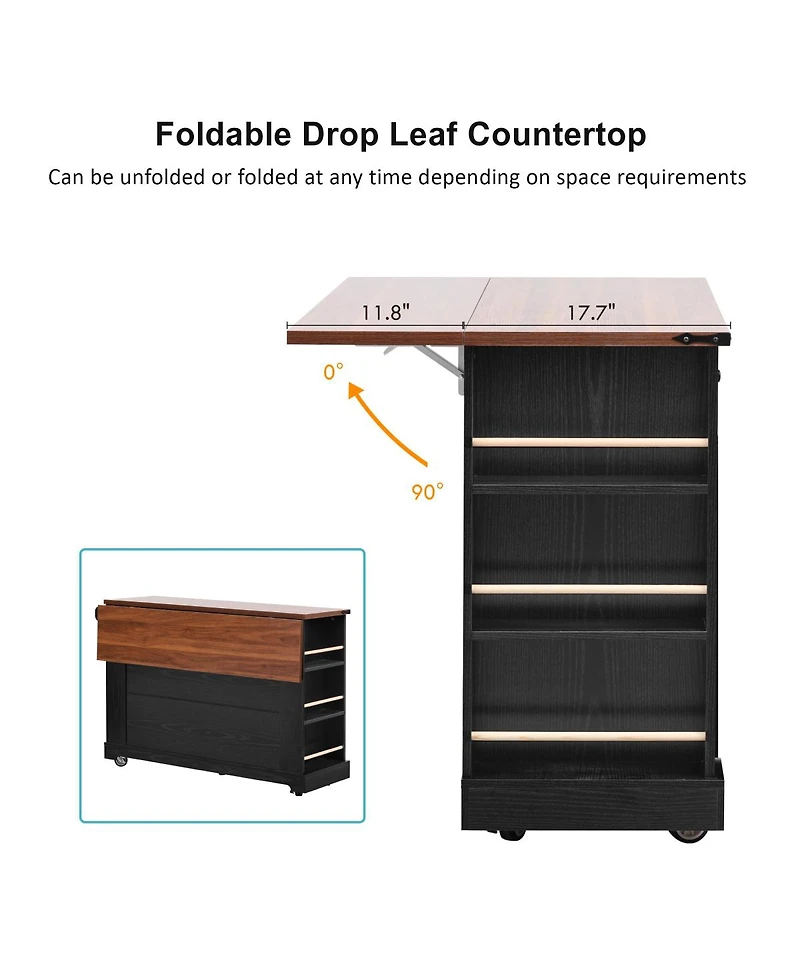 Streamdale Furniture 53" Rolling Farmhouse Kitchen Island with Glass Doors, Drop Leaf and Power Outlet