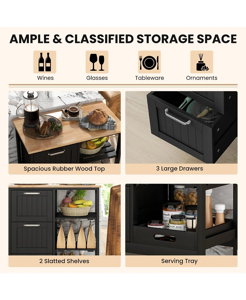 Volenca Rolling Kitchen Island Cart with 3 Drawers, Open Shelves and Casters
