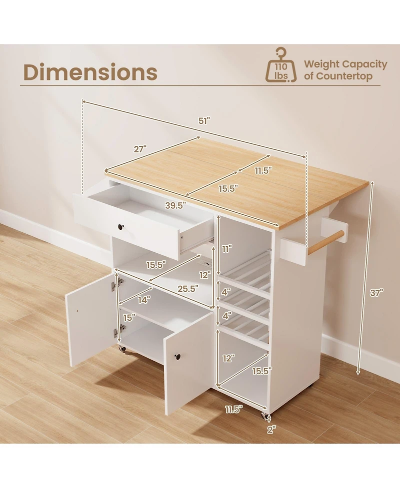 Volenca Rolling Kitchen Island Cart with Power Outlet, Drop Leaf and Casters