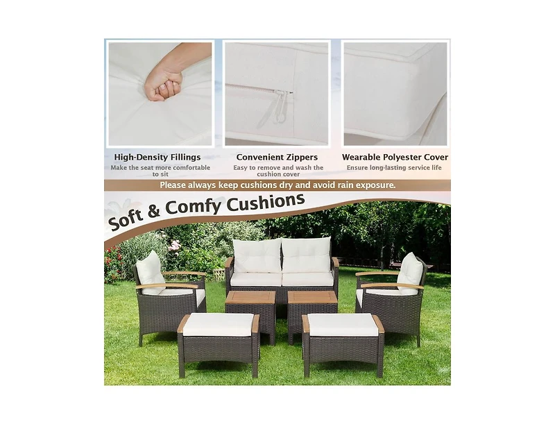Mondawe 7 Piece Rattan Patio Sofa Set with Acacia Wood Tabletop and Armrests