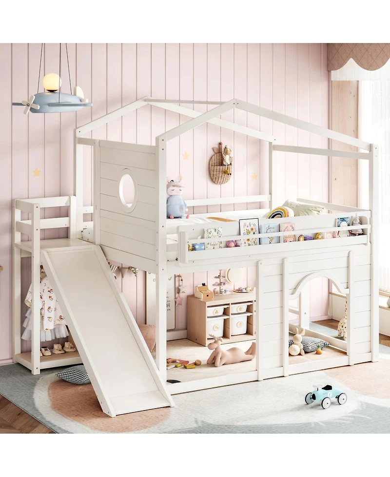 Streamdale Furniture Full Size House Loft Bed with Slide, Wardrobe and Bookshelves