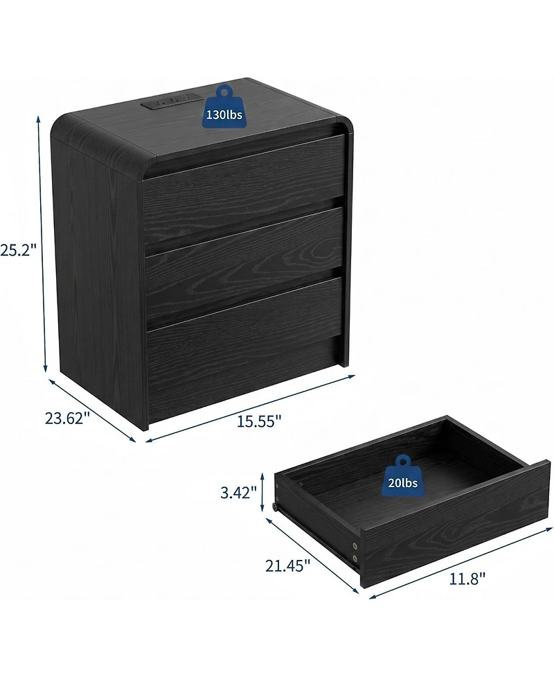 homfan 2-Pack Curved Nightstand with 3 Drawers and Open Shelf, Black Grain Finish, Charging Station, End Table for Bedroom