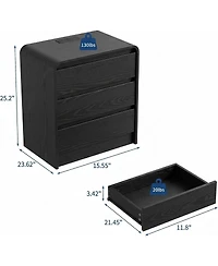 homfan 2-Pack Curved Nightstand with 3 Drawers and Open Shelf, Black Grain Finish, Charging Station, End Table for Bedroom