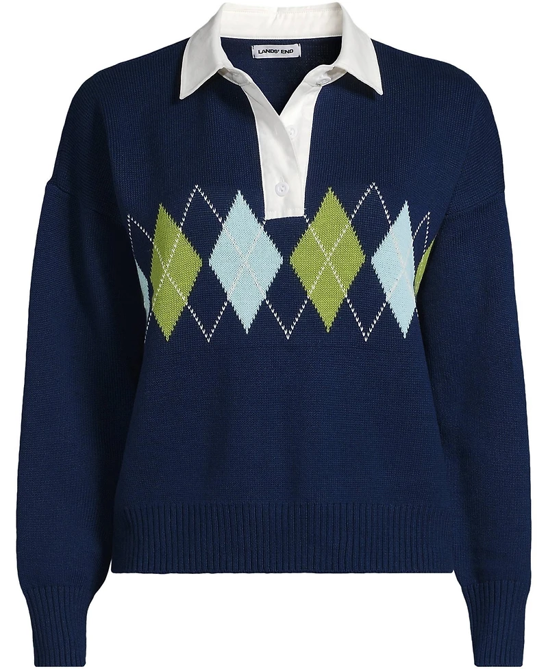 Lands' End Women's Drifter Jacquard Rugby with Woven Collar Sweater