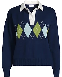 Lands' End Women's Drifter Jacquard Rugby with Woven Collar Sweater